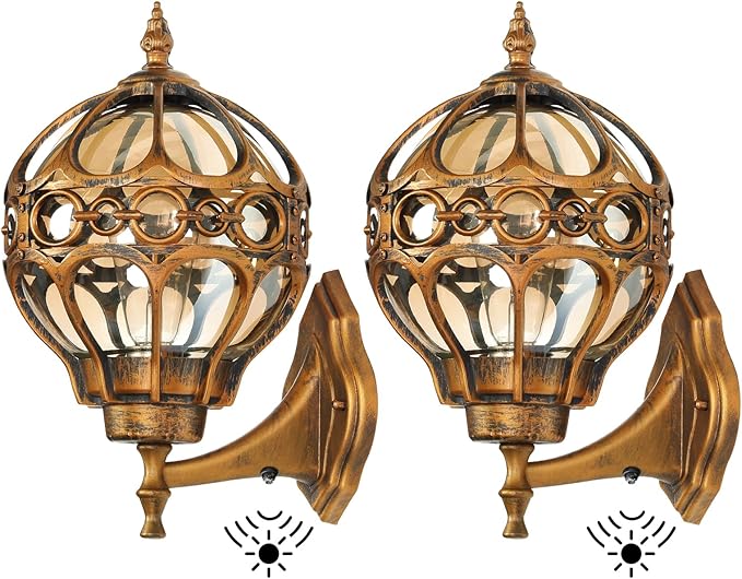 Dusk to Dawn Outdoor Wall Light Fixtures, Gold Exterior Aluminum Waterproof Porch Lights, Globe Anti-Rust Outside Sconce Lantern Wall Mount with Amber Glass for Patio Backyard Garage Doorway, 2 Pack