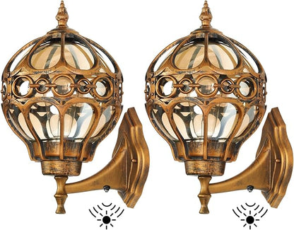 Dusk to Dawn Outdoor Wall Light Fixtures, Gold Exterior Aluminum Waterproof Porch Lights, Globe Anti-Rust Outside Sconce Lantern Wall Mount with Amber Glass for Patio Backyard Garage Doorway, 2 Pack