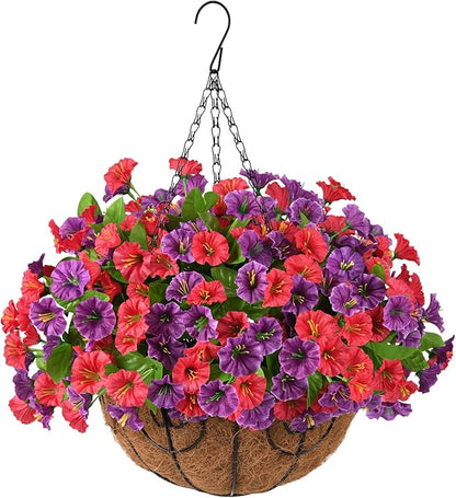 Artificial Fake Hanging Flowers with Basket for Outdoors, Faux Silk Petunias Flower Spring Summer Decor UV Resistant Look Real for Home Outside Patio Front Porch Decorations