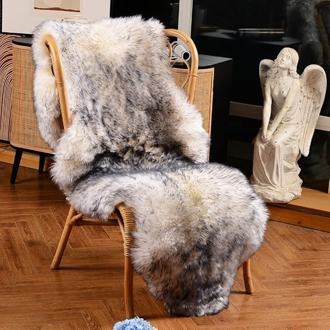 LLB Genuine Sheepskin Area Rug Wool Rug Fur Carpet Fluffy Shaggy Fur Rug for Living Room Kids Bedroom Real Sheepskin Throw Lambskin Rugs Sofa Mat Chair Seat Covers (Snow Grey, 2 x 6 ft Sheepskin)
