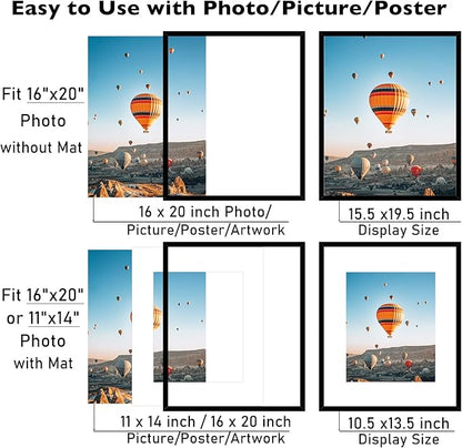 16x20 Picture Frame Set of 2 with 11x14 Mat, Display Photo 11x14 with Mat or 16 x 20 Without Mat, Wall Hanging Large 16 by 20 Poster Frame with Plexiglass, 2 Pack, Black