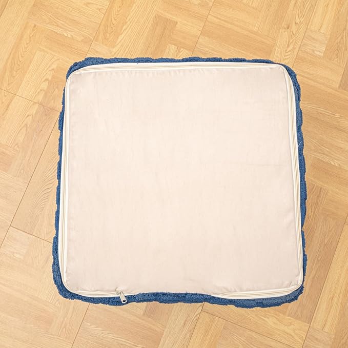 Round Plush Ottoman Pouf Stuffed– Fluffy Ottoman Foot Rest with Modern Foam Filler 20" x 14" Cozy Floor Pouf for Living Room & Bedroom (Navy Blue)