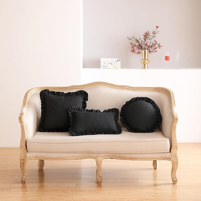 ISAENNE Classic Black Round Throw Pillow Cover Diameter 16", Solid Color Farmhouse Linen Cotton Decoration Pillow Cover with Ruffles, Sturdy Throw Pillow Case for Couch Sofa Bed Living Room
