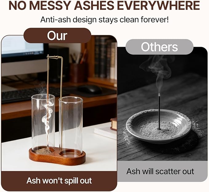 Incense Holder with 2 High Glass Bottle,Wooden Base Incense Stick Holder for Desktop,Incense Burner for Ash Collection,Ash Container