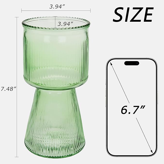 VECELO Modern Ribbed Glass Vase, Clear Flower Vase for Table Centerpiece, Modern Glass Vase for Living Room, Bedroom, Dining Table, Entryway, Office, Wedding, 7.5 Inches