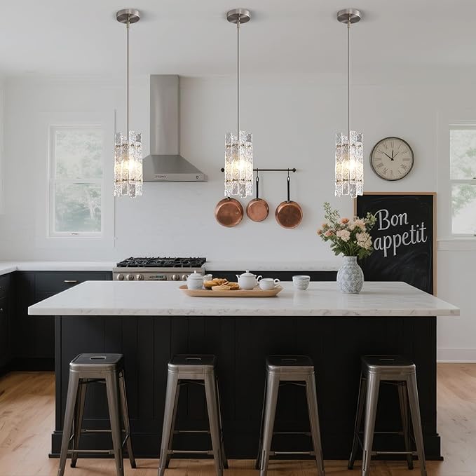 Modern Brushed Nickel Crystal Pendant Light for Kitchen Island, Luxury Mini Water Ripple Glass Chandelier Fixture, Square Adjustable Hanging Pendant Lighting for Dining Room Bedroom Hallway (1-Pack)