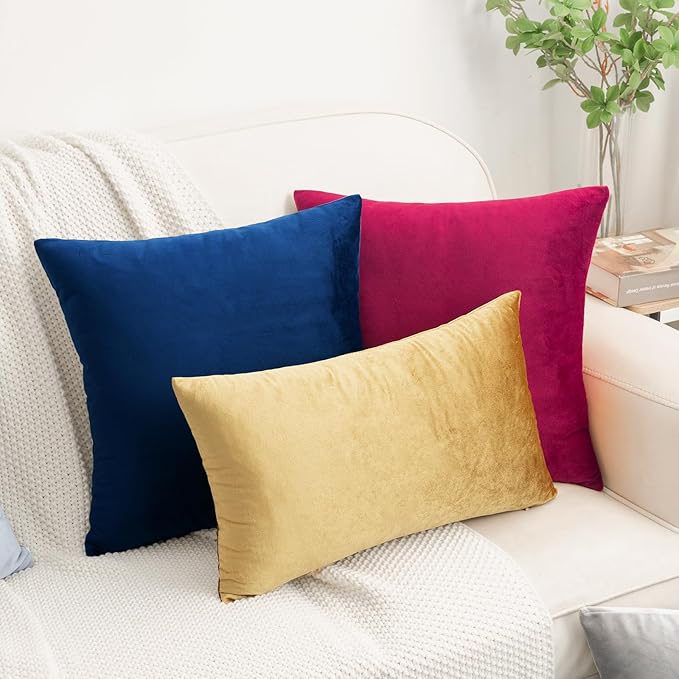 HWY 50 Navy Blue Velvet Throw Pillow Covers 16x16 Inch, Pack of 2 Soft Cozy Solid Decorative Luxury Cushion Cases for Couch Sofa Bed Living Room Bedroom