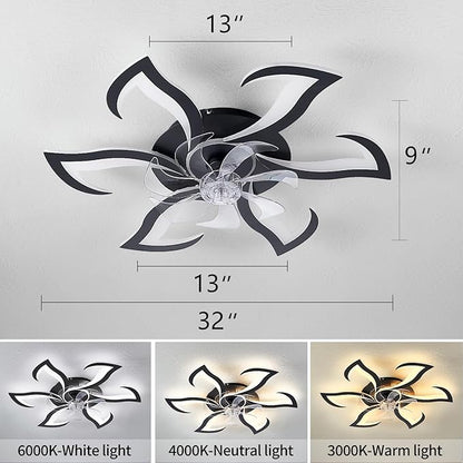 HuixuTe 32" Black Geometric Modern 6-head Ceiling Fan with Lights Remote Control, Low Profile Ceiling Fan with Light for Kitchen Bedroom Living Room