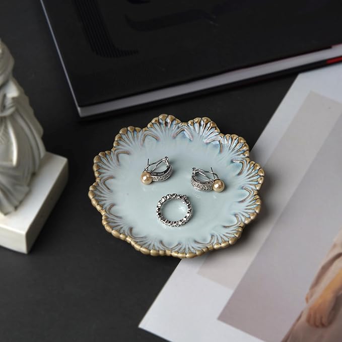 Ceramic Jewelry Dish, Decorative Tray for Rings Earrings Necklaces Bracelet Watch Keys, 4.50" Trinket Tray as Gifts for Women (Reactive Shell)