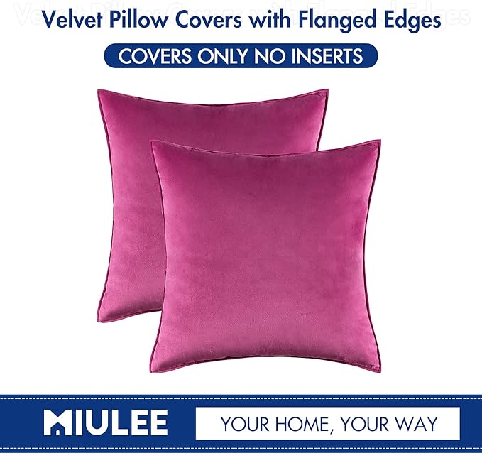 MIULEE Pack of 2 Decorative Velvet Throw Pillow Cover Soft Hot Pink Pillow Cover Soild Square Cushion Case for Spring Sofa Bedroom Car 18x 18 Inch 45x 45cm