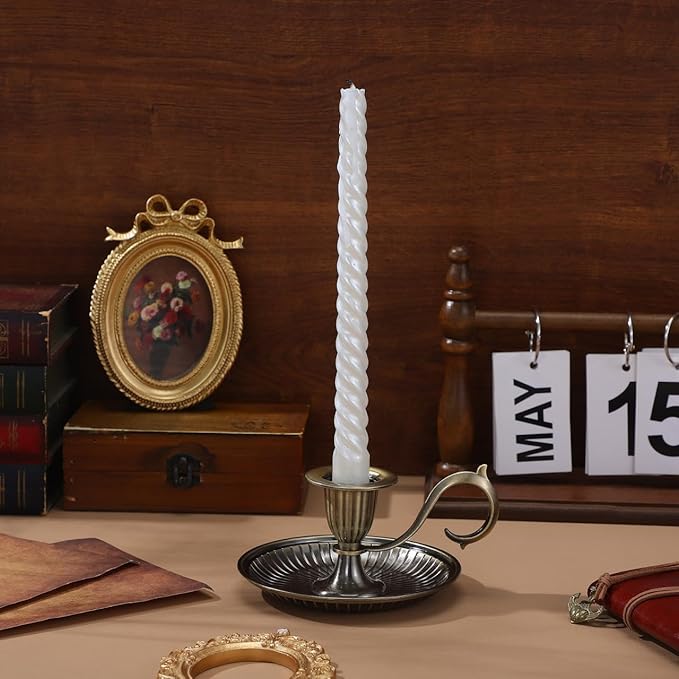 DECHOUS Taper Candle Holder Vintage: Antique Brass Candlestick Holder with Handle - Hand Held Bronze Chamberstick Candleholder for Home Table Centerpiece Wedding Party