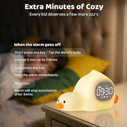 Laying Duck Alarm Clock with Night Light for Kids with Sleep Training and Sound Machine, Rechargeable Silicone Lamp OK to Wake Clock，Cute Animal Tabletop Lamp, Perfect Sleep Companion for Boys Girls