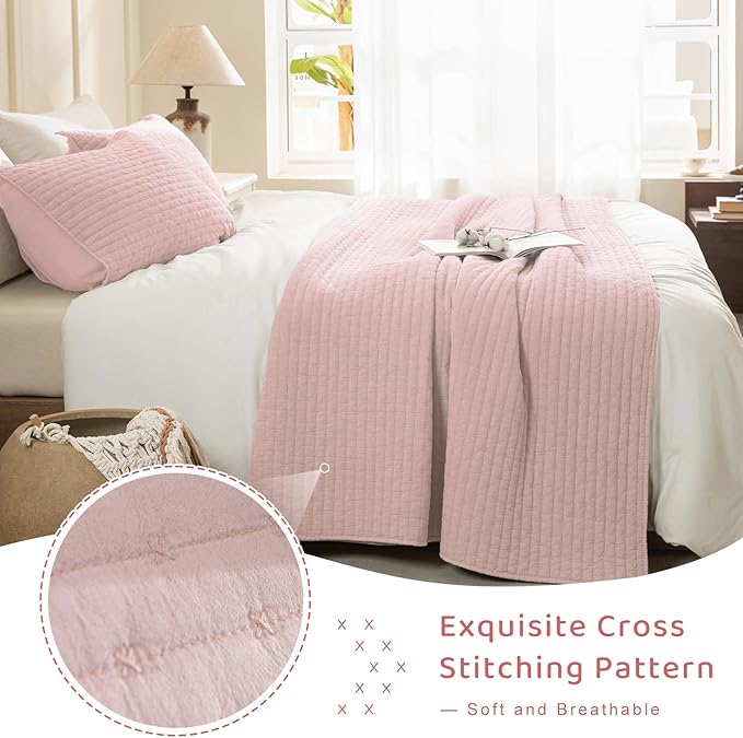 Sanracie Stonewashed Queen Quilt Bedding Set(90"x98"), Cotton Light Pink Crinkle Bedspread Coverlet 3Pcs Ultra Soft Lightweight Breathable Cross Stitch Pattern Bedspread Set for All Season