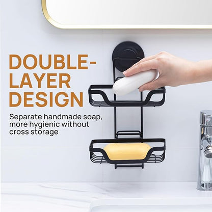 LEVERLOC Double Layer Soap Dish, Bar Soap Holder for Shower Wall, Vaccum Suction Cup Sponge Holder for Bathroom Tub Kitchen Sink, Stainless Steel, Waterproof, Removable, Black