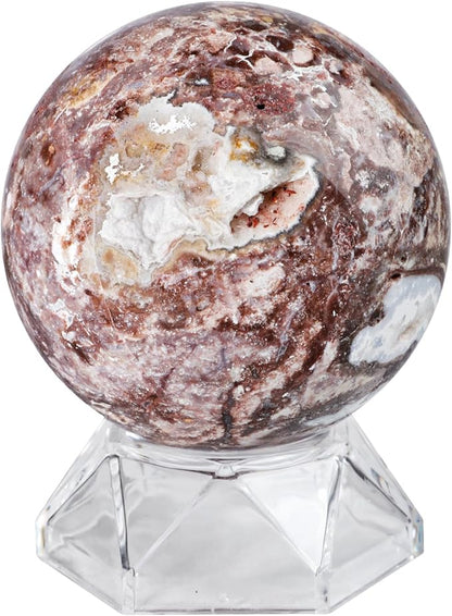 Natural Mexican Agate Crystal Ball with Acrylic Display Base, 61-70mm Polished Stone Feng Shui Crystal Sphere Meditation Decoration for Home & Office
