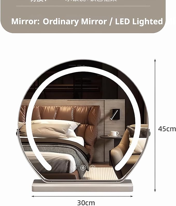 Vanity Mirror with Lights, Half Round LED Makeup Mirror with 3 Color Dimmable Touch Screen, 360° Rotating Metal Frame, Marble Base, HD Lighted Mirror for Bedroom & Dressing Table