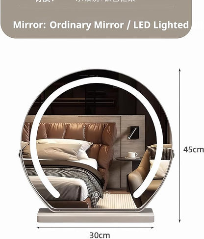 Vanity Mirror with Lights, Half Round LED Makeup Mirror with 3 Color Dimmable Touch Screen, 360° Rotating Metal Frame, Marble Base, HD Lighted Mirror for Bedroom & Dressing Table