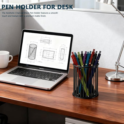ZJEOSO Black Metal Pen Holder for Desk， Heavy Duty Pencil Organizer Cup with, Pencil Holder for Office & Home, Storage for Stationery/Cosmetics/Art Supplies, Matte Finish, High 3.94 Inch
