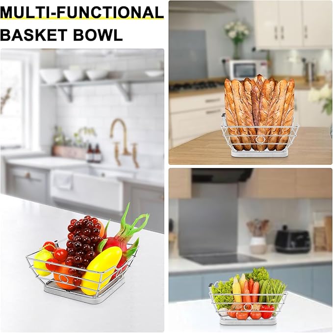 Livabber Countertop Fruit Basket Bowl with Banana Hanger, Modern Standing Fruit Vegetable Bowl Storage, with Banana Tree Holder for Kitchen Dinning Table (Square Marble, Chrome)