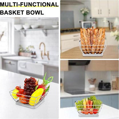 Livabber Countertop Fruit Basket Bowl with Banana Hanger, Modern Standing Fruit Vegetable Bowl Storage, with Banana Tree Holder for Kitchen Dinning Table (Square Marble, Chrome)
