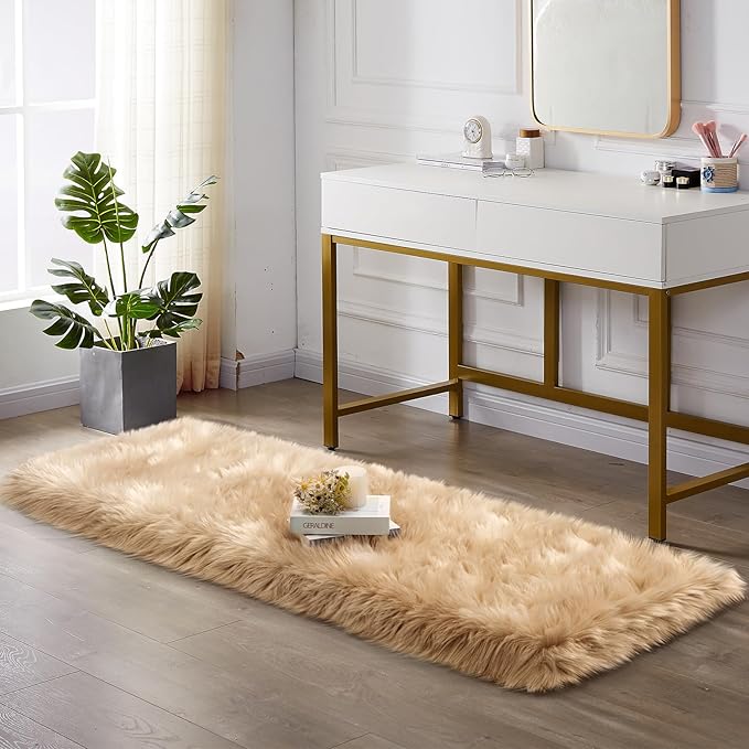 Ciicool Faux Fur Rug for Bedroom, Beige Fluffy Shag Rugs for Sofa Couch Seat Cushion, Washable Fuzzy Runner Thick Fur Area Rug Floor Carpets for Bedside Living Room, 2x6 Ft Rectangle