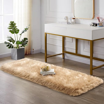 Ciicool Faux Fur Rug for Bedroom, Beige Fluffy Shag Rugs for Sofa Couch Seat Cushion, Washable Fuzzy Runner Thick Fur Area Rug Floor Carpets for Bedside Living Room, 2x6 Ft Rectangle