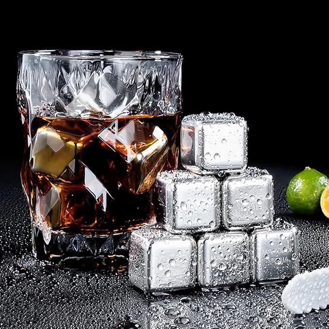 6 Small Whiskey Stones - Man Gift Set - Reusable Stainless Steel Metal Ice Sphere Cubes Beverage Chilling Rocks Whiskey Stones for Red Wine, Bar Beer, Scotch, Vodka Drinks - Silver