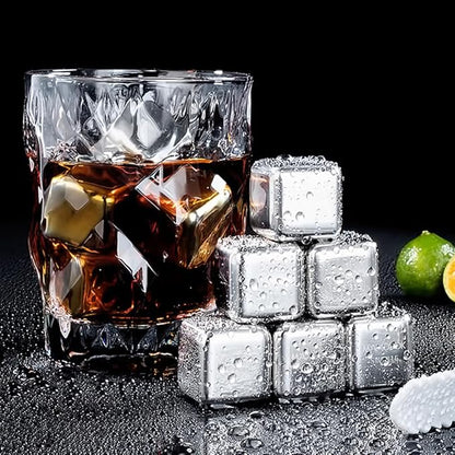6 Small Whiskey Stones - Man Gift Set - Reusable Stainless Steel Metal Ice Sphere Cubes Beverage Chilling Rocks Whiskey Stones for Red Wine, Bar Beer, Scotch, Vodka Drinks - Silver