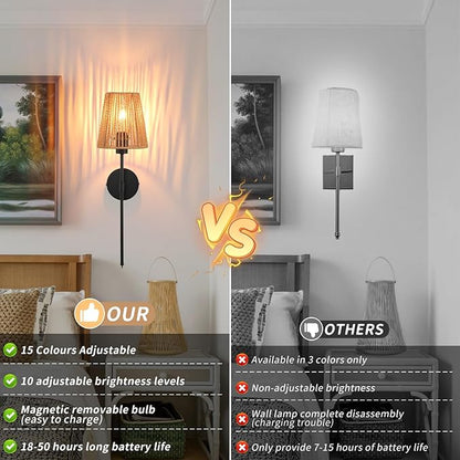 Battery Operated Wall Sconces Set of two, Black Rattan Shade Wireless Wall Lights with Remote Rechargeable Bulbs, 15 Colors and Dimmable, Cordless Battery Powered Wall Lamp for Living Room Bedroom