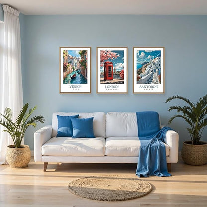HLNIUC Italy Coast Wall Art Framed, Blue Europe Cityscape Italian Wall Decor set of 3 (24"x36"), Venice London Santorini Travel Landmark Beach Canvas Painting for Living Room, Bedroom, Office