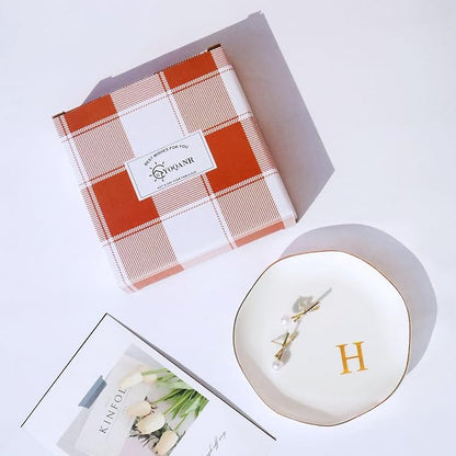 Ceramic Jewelry Tray Initial Ring Dish Personalized H-Monogrammed Engagement Wedding Gifts, for Birthday Mother's Day Christmas for Women, Ceramic White 4.75" (H)