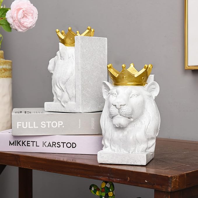 Decorative Lion Bookends - Modern Animal Book Stoppers for Heavy Books - White Lion Figurines