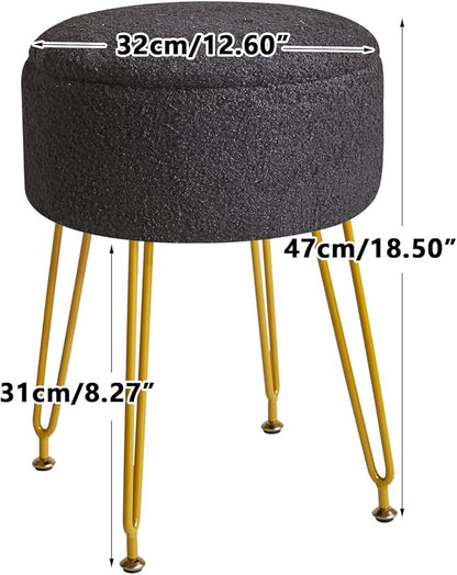 IBUYKE Teddy Velvet Storage Footrest Stool Ottoman, Makeup Vanity Stool Side Table with Removable Cover, Golden Steel Legs, Coffee Table Top Cover, Black WBD010B