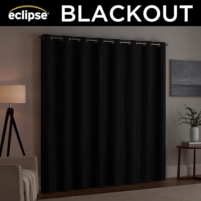 Eclipse Extra Wide Grommet Curtain, Kendall Sliding Patio Door Curtain Panel, Solid Textured Thermal Insulated and Noise Reducing Curtains, (1 Panel), 84 in Long x 100 in Wide, Black