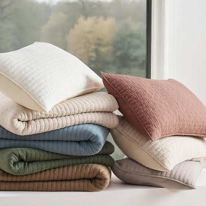 EVERGRACE Cross Stitch Pre-Washed Cotton Quilt Bedding Set Queen Size, Oversized 3 Pieces Lightweight Bedspread Coverlet for All Season, with 2 Matching Shams, Olive Green, 92"x96"