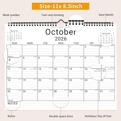 2026 Wall Calendar, 12 Month 11”x8.5 ‘’ Year Monthly Organizer from January 2026-2027 Small Mini Horizontal Blank Spiral Bound Wire Hanging Calendar w/ Lines for Family, Home, Kitchen, Office White3