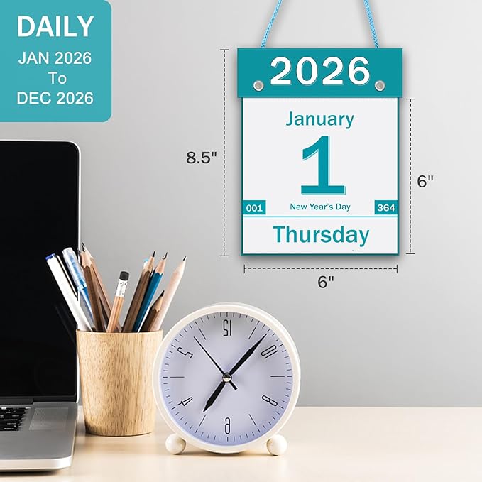 2026 Daily Wall Calendar, Page per Day with Large Print Dates, 365 Day Tear off Wall Calendar for Seniors Gift Home Office School Dorms, 8.5" x 6", Tear Away Calendars with Hanging String, Cyan