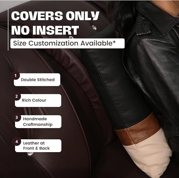 D DOLLY LAMB Lambskin Leather Pillow Cover - Sofa Cushion Case - Decorative Throw Covers for Living Room & Bedroom, 20x20 Inches - Black, Brown & Off White Pack of 2