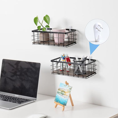 ROSE BLOOM Small Metal Wire Storage Basket, Decorative Wood Base Organizer Bins for Bathroom, Kitchen, Laundry Room, Pantry, Basket for Toilet Paper, Fruits, Spices (2 Pack)