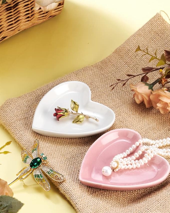 Blank Engagement Wedding Ring Dish for Newlyweds, Heart Shaped Home Decor, Ceramic Jewelry Holder Trays-Sweet Gift for Women, NO ROSE, White.