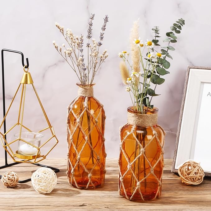 Chuangdi Set of 2 Coastal Glass Vases Christmas Vases for Flowers with Boho Rope Christmas Centerpieces for Tables Small Beach Bottle for Nautical Wedding Floral Arrangement Decorations(Amber)