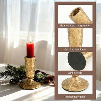 Gold Cast Iron Candle Holders Set of 2 - Antique Brass Gold Metal Taper Candle Stick Holders for Table - Wrought Iron Candle Holder for Centerpiece, Mantel, Wedding, Party, Christmas Decor