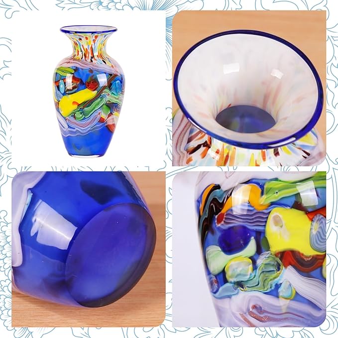 Glass Vases for Flower, Unique Hand Blown Blue Glass Vase, Modern Art Decorative for Home Living Room, Office, Table centerpieces, Bookshelves and Wedding Decorations (JG29)