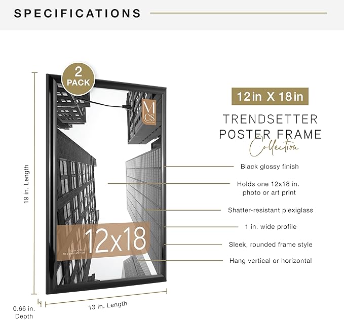 MCS Trendsetter 12x18 Poster Frame Black High-Gloss, Vertical & Horizontal Wall Hanging Large Picture Frame for Photos, Posters & Art Prints (2-Pack)