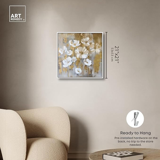 Art Remedy Golden Daisies Canvas Elegant White Gold Wall Art, White Frame, 20" x 20"