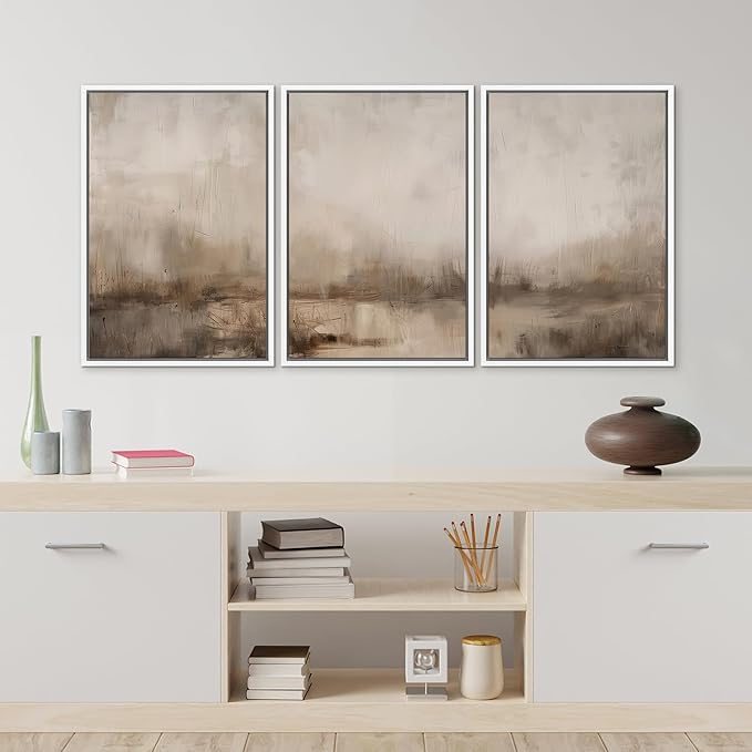 MUDECOR Framed Wall Art Print Set Minimalist Abstract Landscape Misty Horizons Illustrations Modern Art Decorative Chic for Living Room, Bedroom, Office - 16"x24"x3 White
