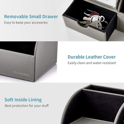 Vlando Office Desk Organizer Leather Desktop Organizer Caddy with Drawer for Storing Desktop Supplies and Accessories (Grey)