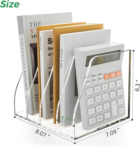 Acrylic Magazine File Holder, 4 Vertical Compartments Desk Document Sorter Organizer, Clear Folder Rack Binder for Office, Documents, Tablets, Magazines, Books – Home/Classroom Rack