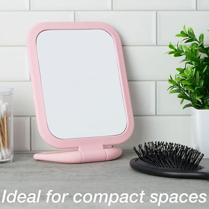 EXPRESSIONS Premium Soft Touch Rectangle Pink Vanity Mirror with 1x 2X Magnification, Rotating Handheld Tabletop Makeup Small Desk Travel