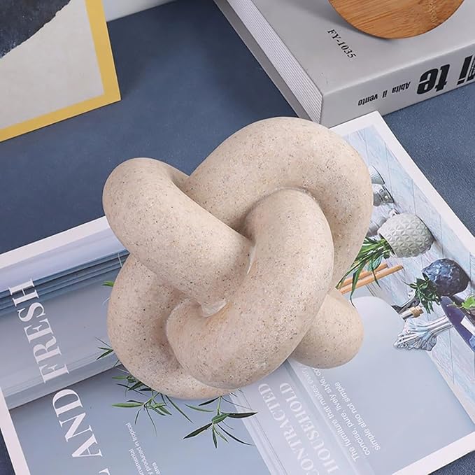 Handmade Sandstone Geometric Knot Sculpture Decor, Modern Decorative Chain Link Statue Ornament for Home & Office, Small Tabletop Accent for Coffee Table & Shelf Decor